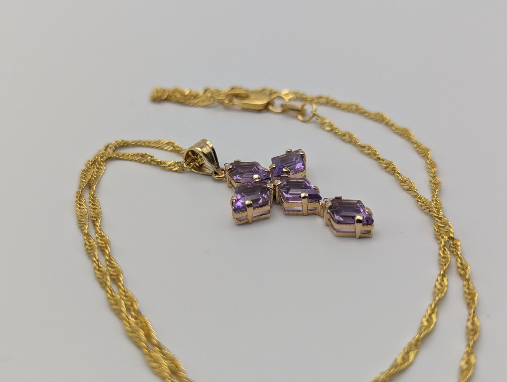 14k Yellow Gold Large Cross Amethyst Pendant Necklace + Compliment GF 18k chain