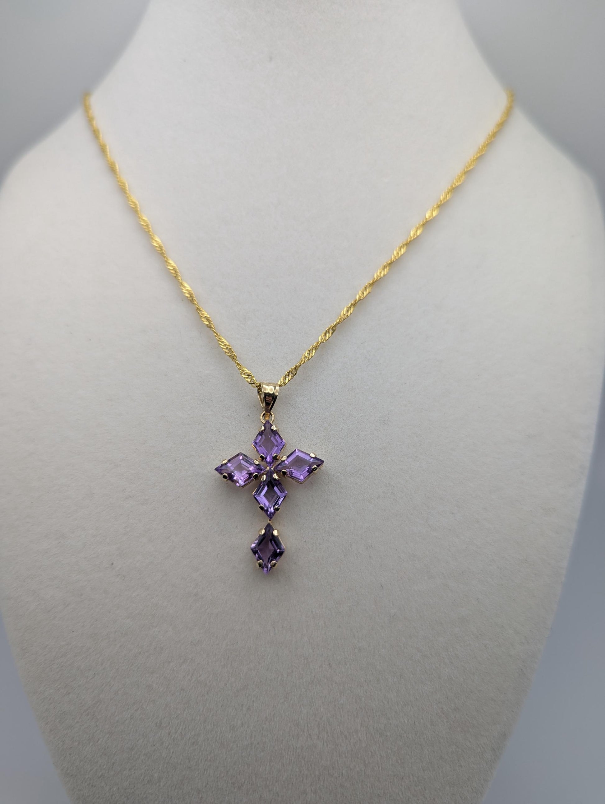 14k Yellow Gold Large Cross Amethyst Pendant Necklace + Compliment GF 18k chain
