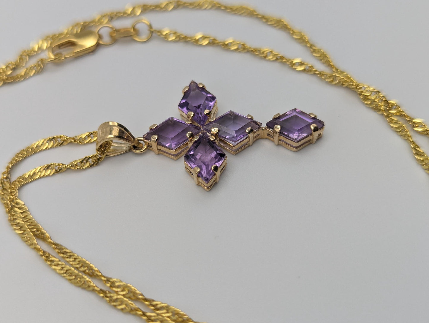 14k Yellow Gold Large Cross Amethyst Pendant Necklace + Compliment GF 18k chain