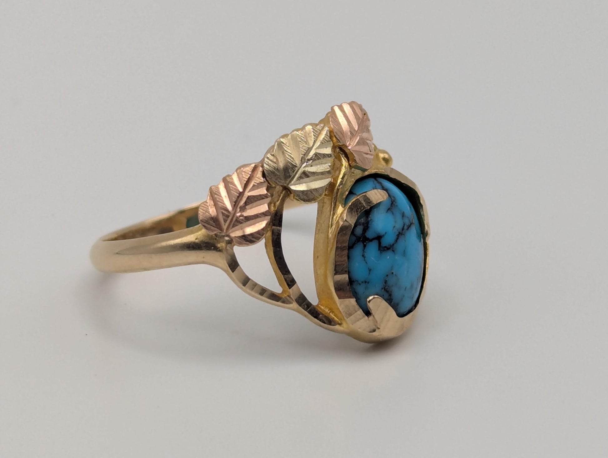 10k Black Hills Gold Tri-Colored Leaf Turquoise Vine Ring Women BHG Trio Gold Vine Ring