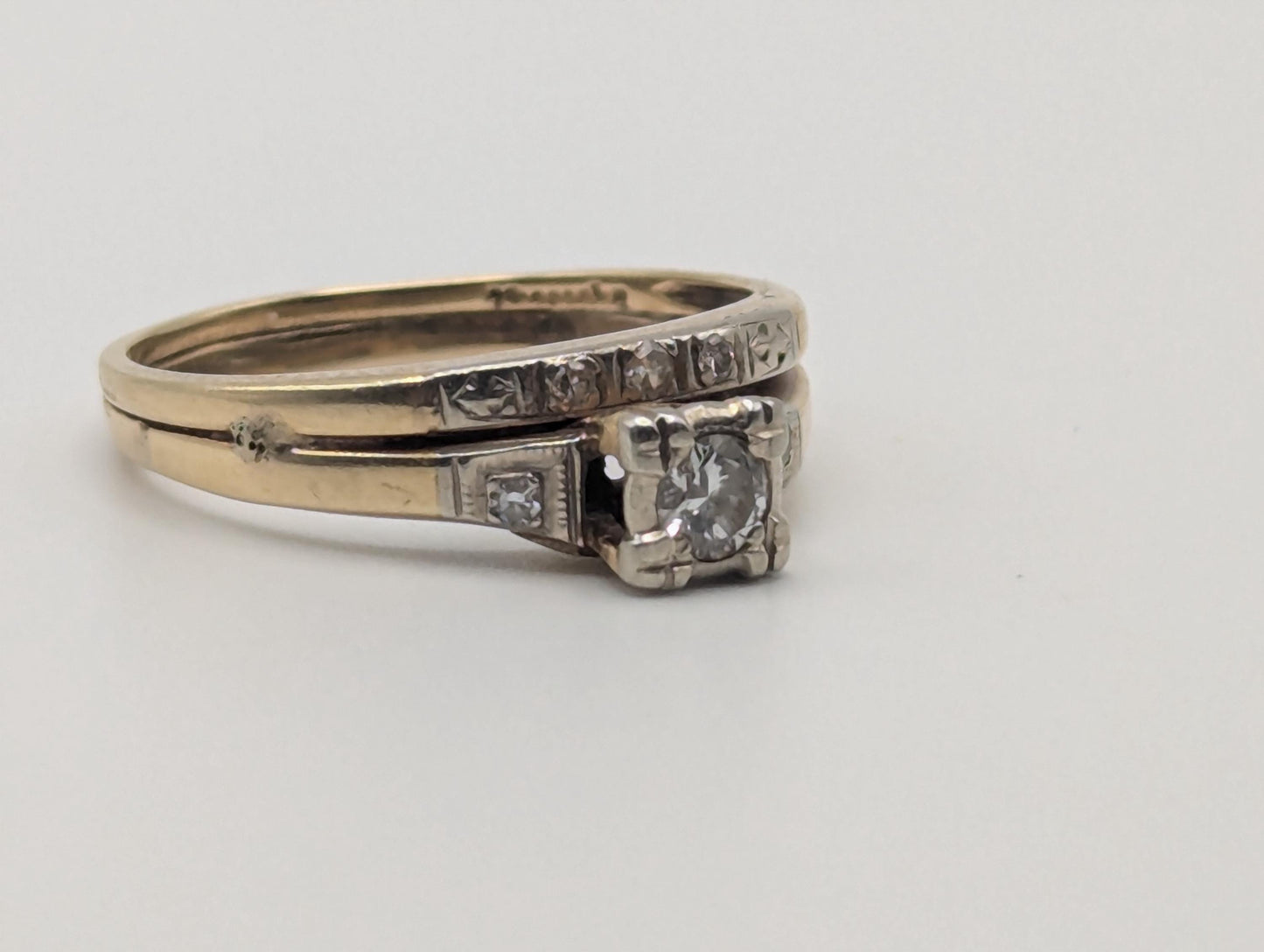 14k Yellow Gold Diamond Wedding Set. Vintage Diamond Engagement Ring. Wedding Ring.