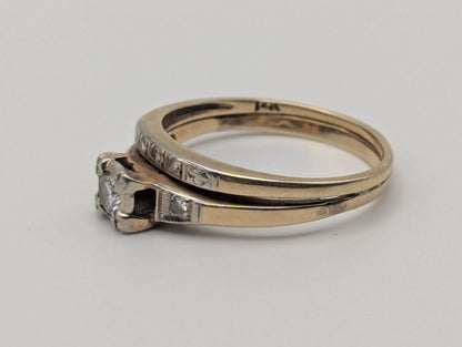 14k Yellow Gold Diamond Wedding Set. Vintage Diamond Engagement Ring. Wedding Ring.
