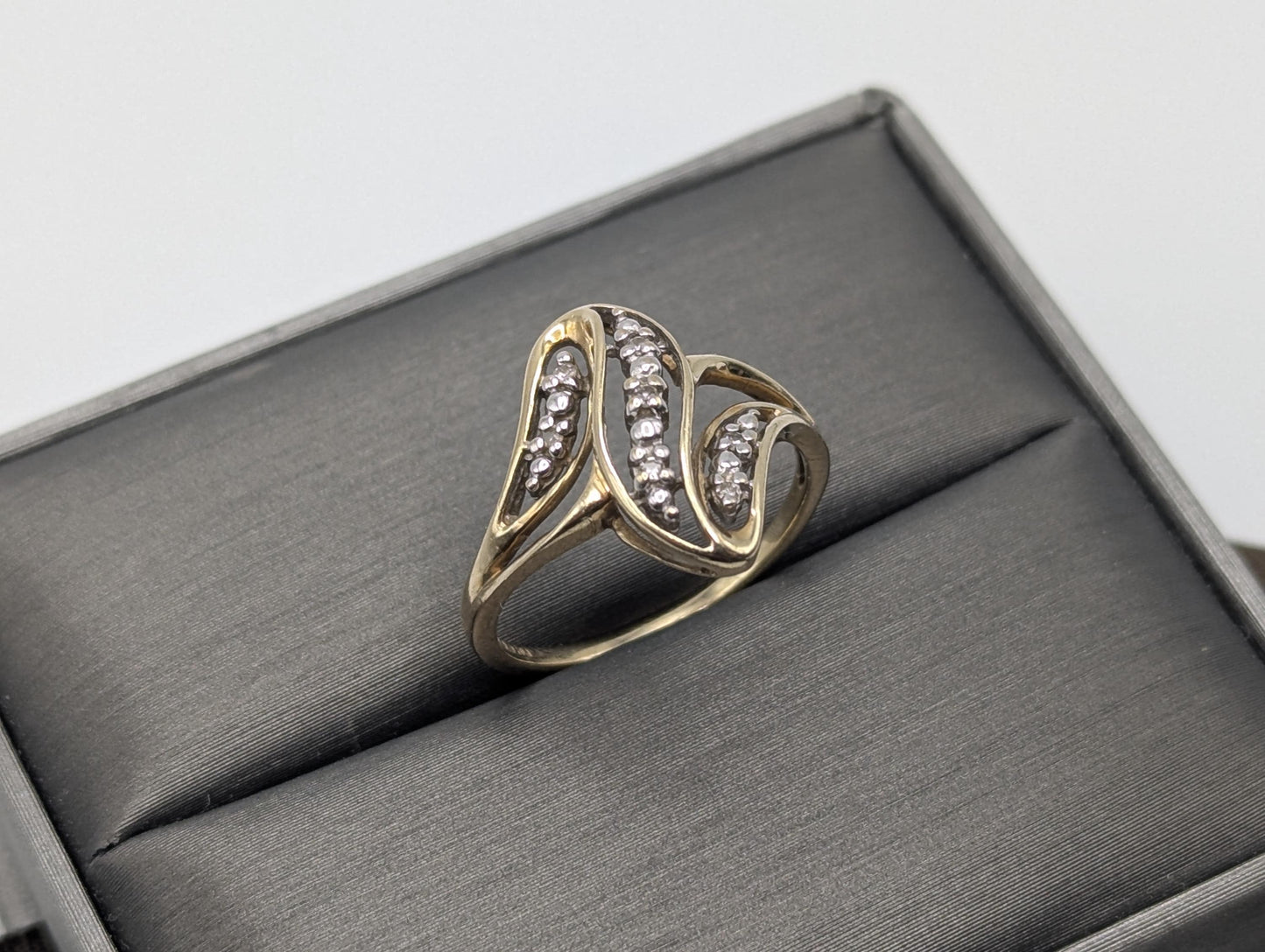 10K Yellow Gold Wave Diamond Ring Promise Love Cocktail Ring Fancy Infinity Band