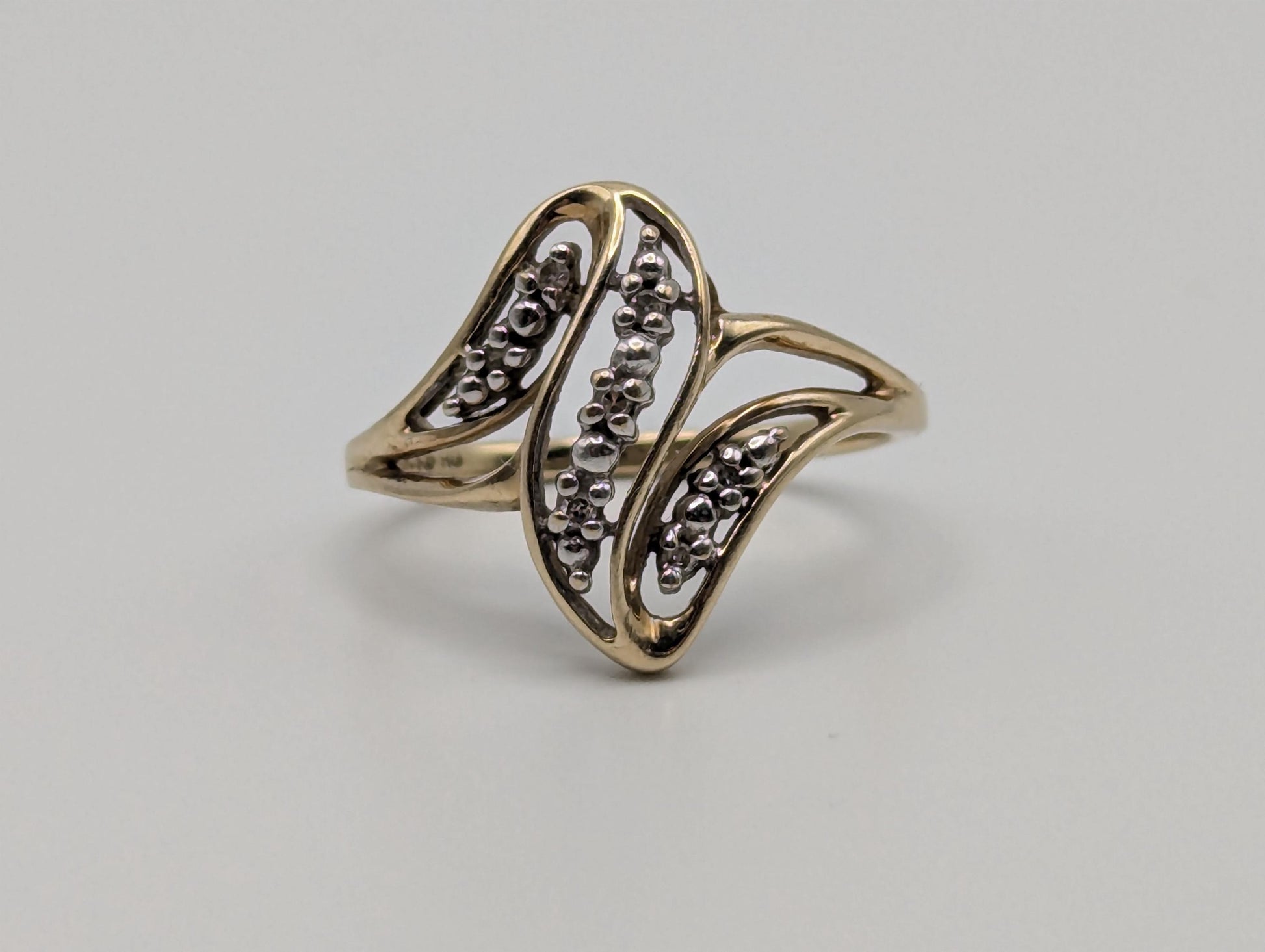 10K Yellow Gold Wave Diamond Ring Promise Love Cocktail Ring Fancy Infinity Band