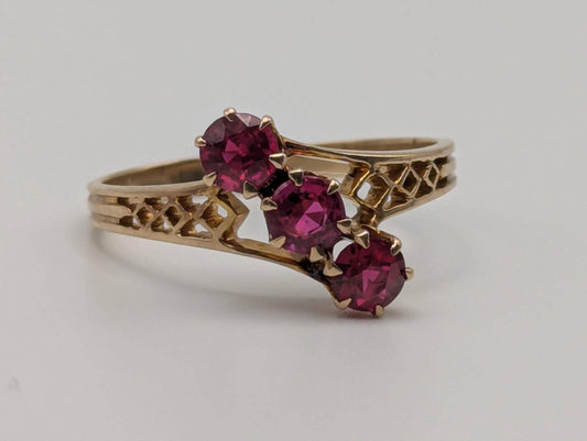 14k Yellow Gold Ruby Triple Stone Filigree Ring Promise Engagement Wedding Band