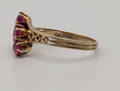 14k Yellow Gold Ruby Triple Stone Filigree Ring Promise Engagement Wedding Band