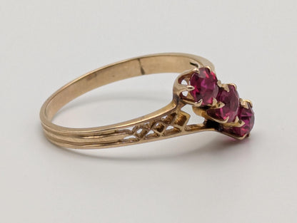 14k Yellow Gold Ruby Triple Stone Filigree Ring Promise Engagement Wedding Band
