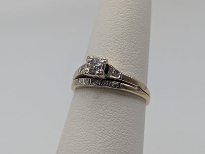 14k Yellow Gold Diamond Wedding Set. Vintage Diamond Engagement Ring. Wedding Ring.