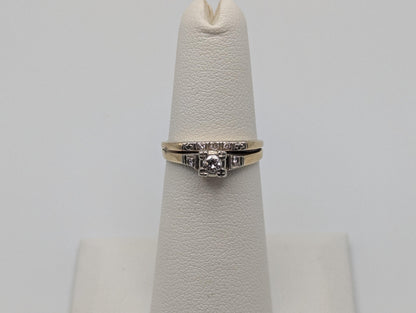 14k Yellow Gold Diamond Wedding Set. Vintage Diamond Engagement Ring. Wedding Ring.