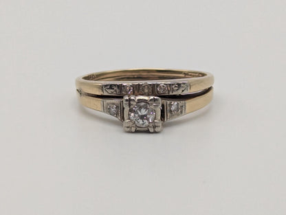 14k Yellow Gold Diamond Wedding Set. Vintage Diamond Engagement Ring. Wedding Ring.