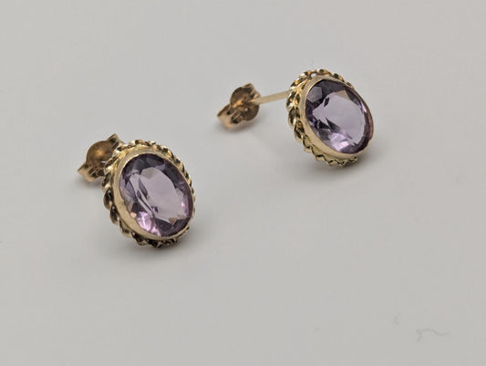14K Yellow Gold Purple Amethyst Stud Earrings Oval Shaped Amethyst Dainty Earrings