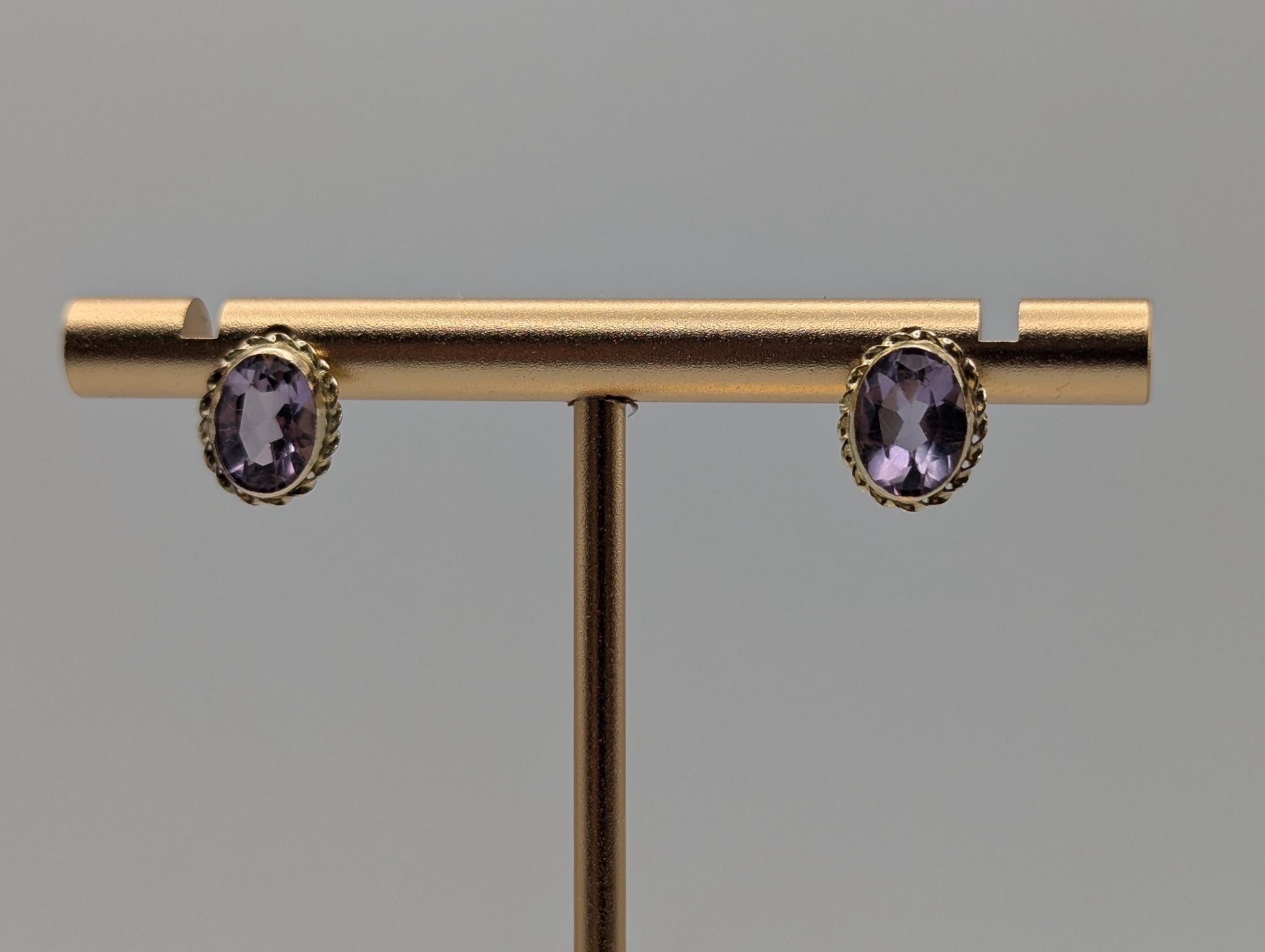 14K Yellow Gold Purple Amethyst Stud Earrings Oval Shaped Amethyst Dainty Earrings