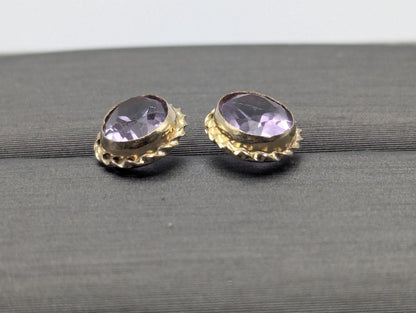 14K Yellow Gold Purple Amethyst Stud Earrings Oval Shaped Amethyst Dainty Earrings
