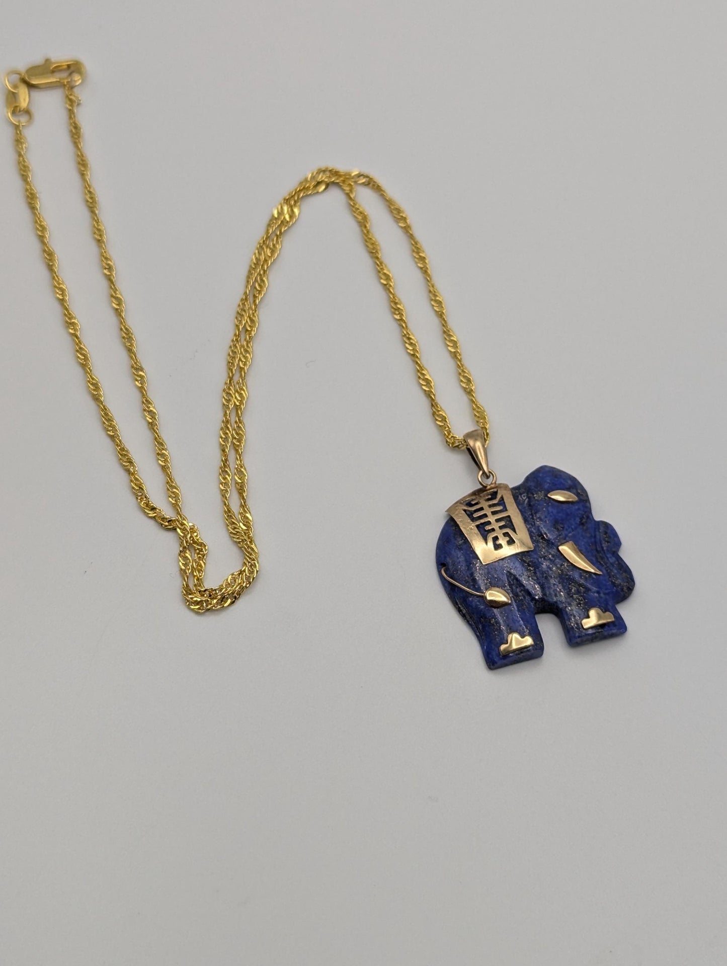 14k Blue Lapis Lazuli "Blessing" Carved Elephant Pendant Chinese Calligraphy + Complimentary 18k GF 18"