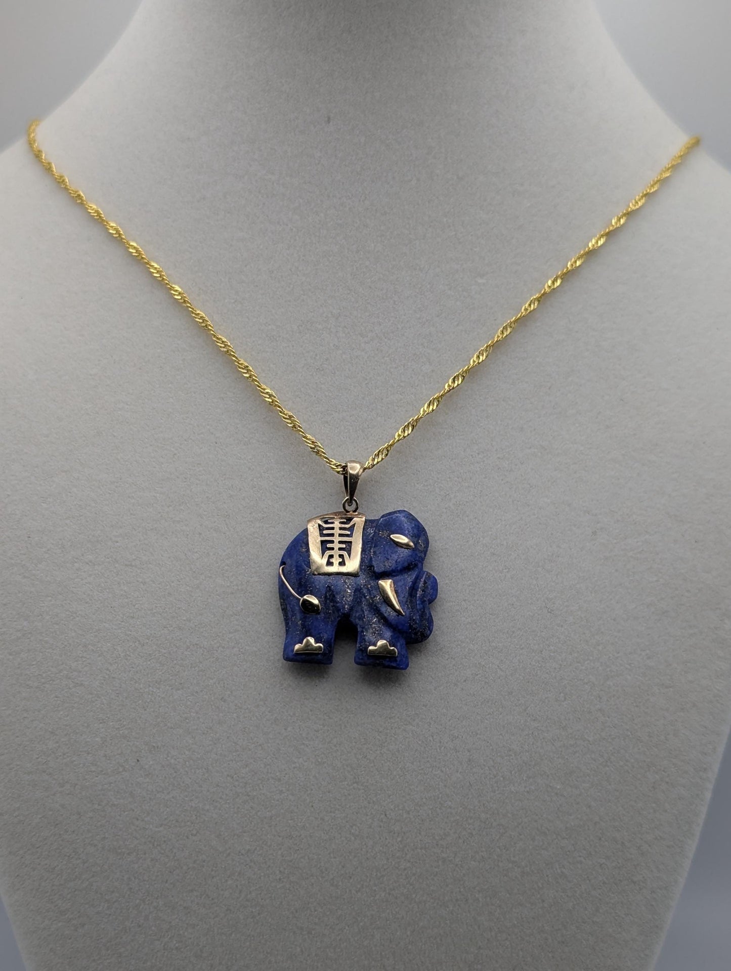 14k Blue Lapis Lazuli "Blessing" Carved Elephant Pendant Chinese Calligraphy + Complimentary 18k GF 18"