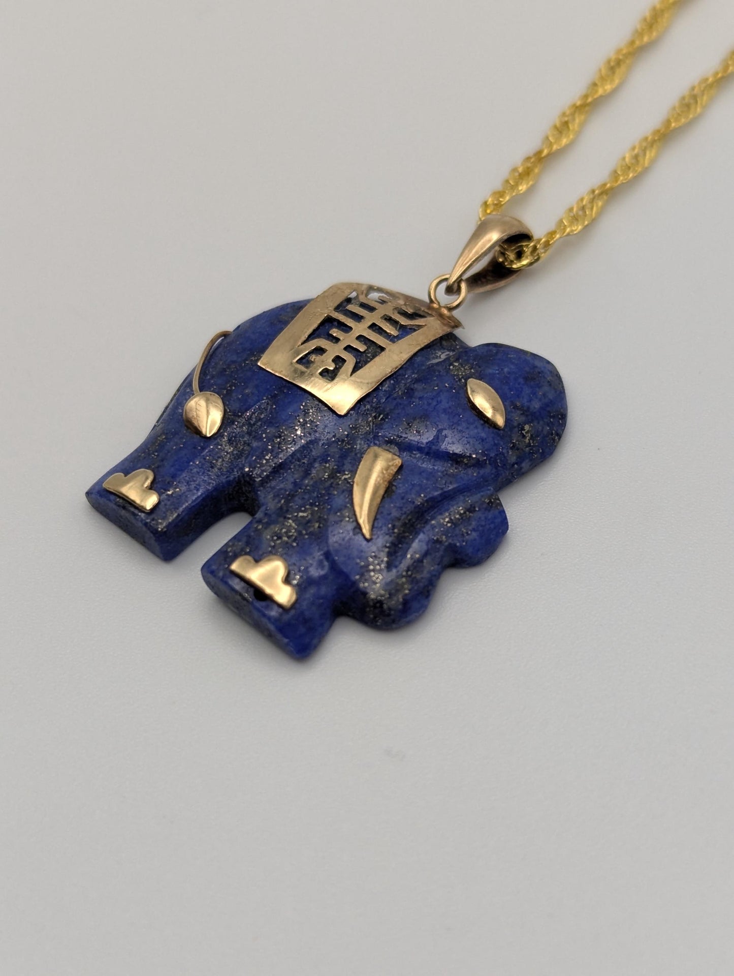 14k Blue Lapis Lazuli "Blessing" Carved Elephant Pendant Chinese Calligraphy + Complimentary 18k GF 18"