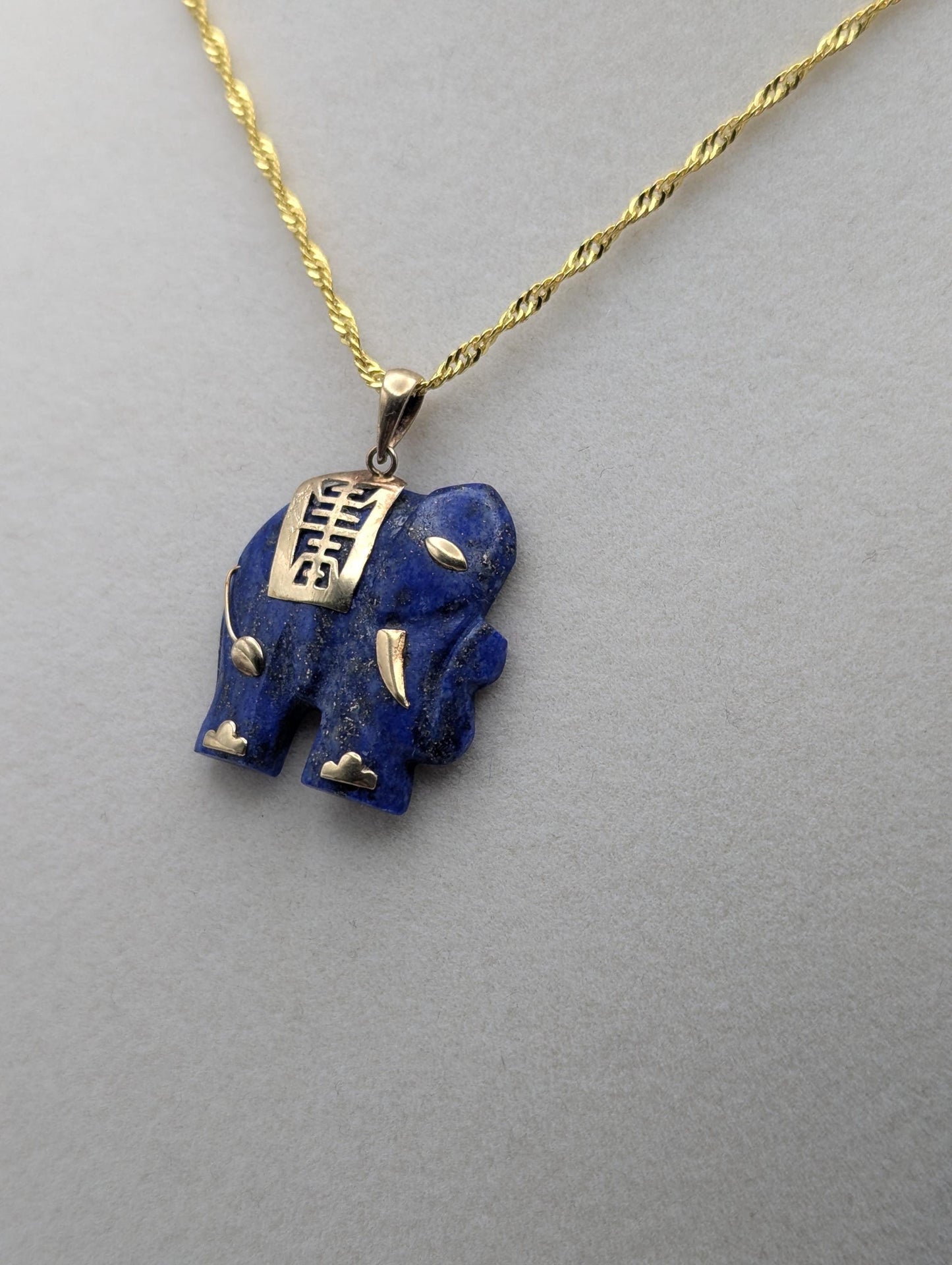 14k Blue Lapis Lazuli "Blessing" Carved Elephant Pendant Chinese Calligraphy + Complimentary 18k GF 18"