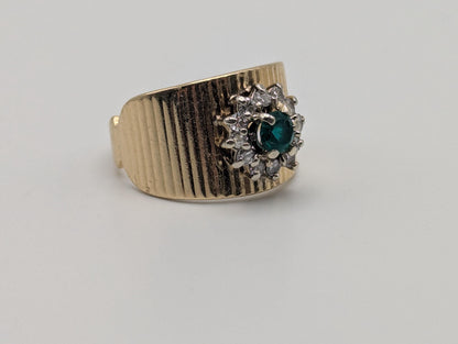 14k Vintage Yellow Gold Emerald and Diamond Cluster Ring Cocktail Ring Statement Ring