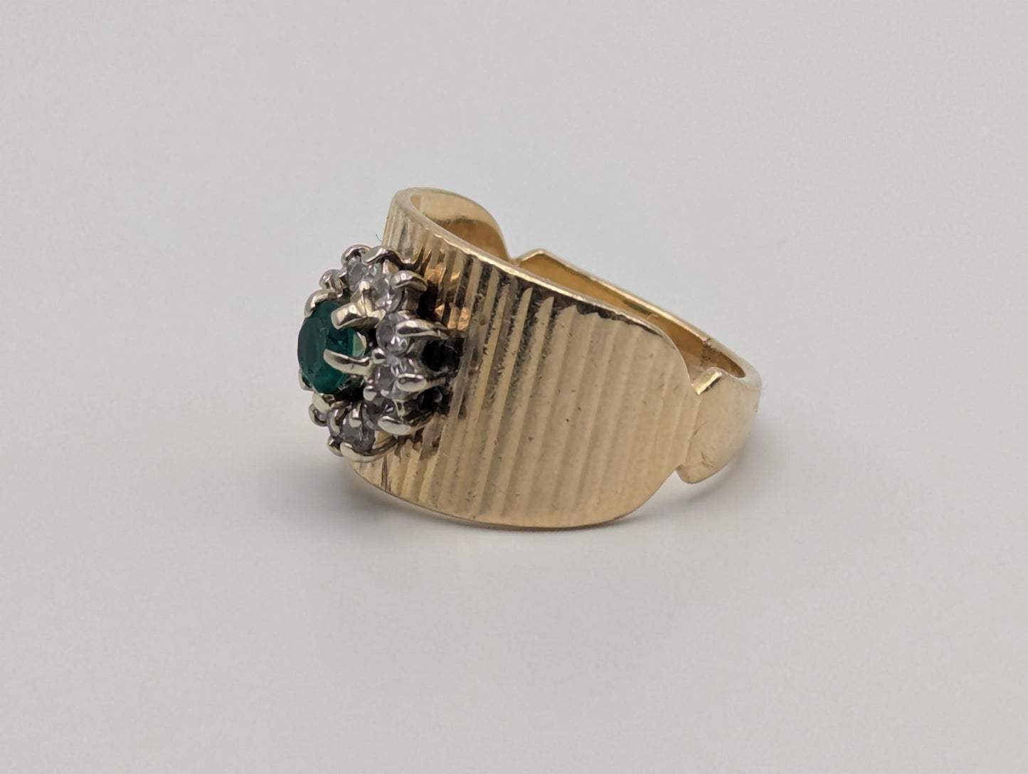 14k Vintage Yellow Gold Emerald and Diamond Cluster Ring Cocktail Ring Statement Ring