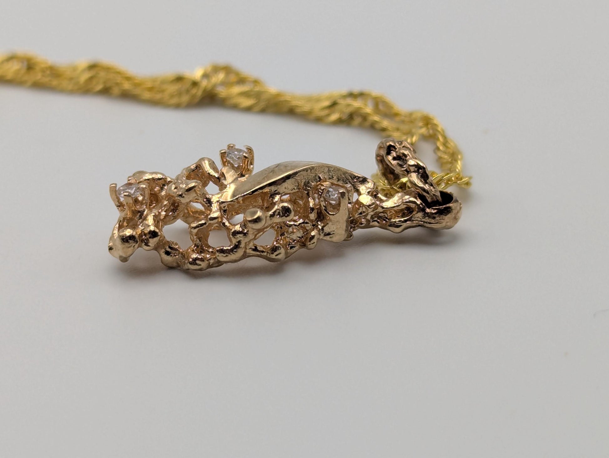 14K Yellow Gold Diamond Nugget Shaped Pendant Necklace 18k GF Complimentary Chain 18"