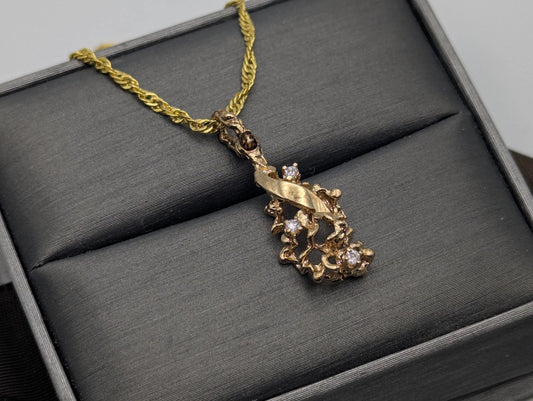 14K Yellow Gold Diamond Nugget Shaped Pendant Necklace 18k GF Complimentary Chain 18"