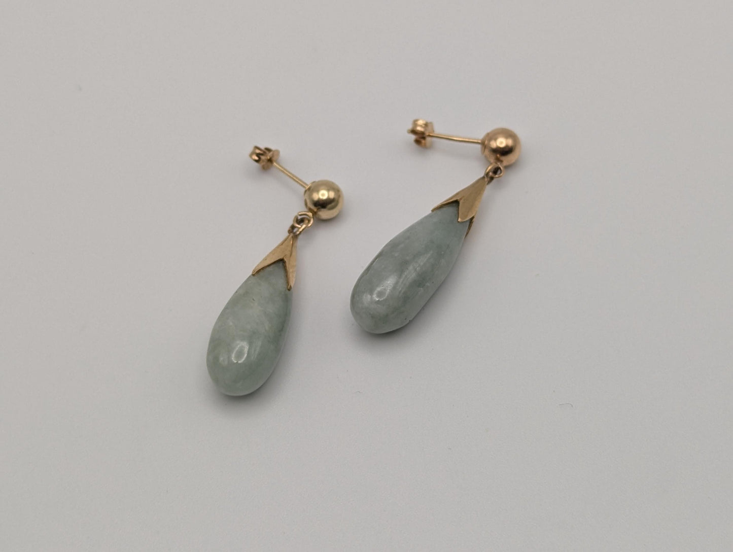 14K Yellow Gold Green Jade Dangle Earrings Jade Drop Earrings.