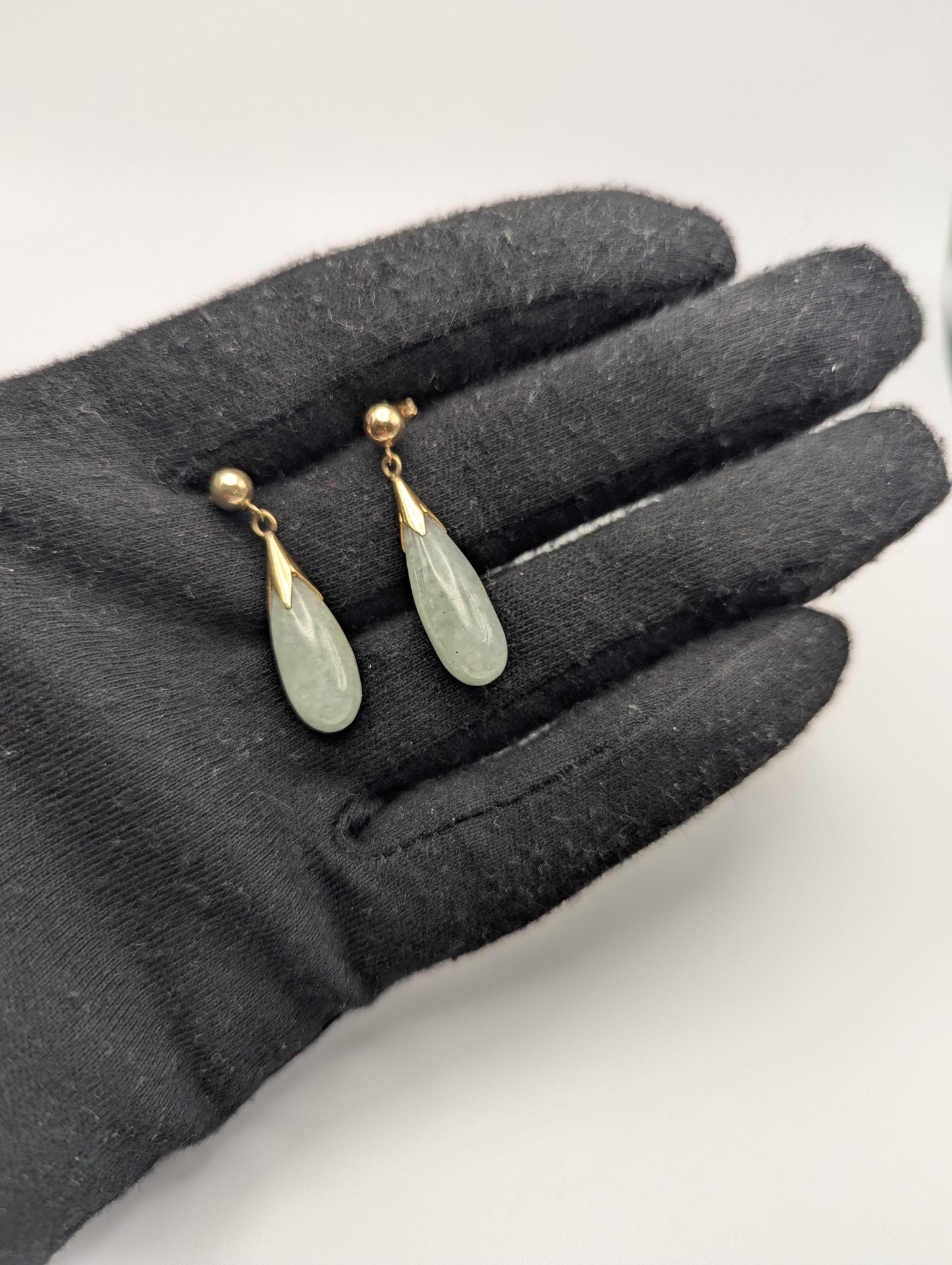 14K Yellow Gold Green Jade Dangle Earrings Jade Drop Earrings.