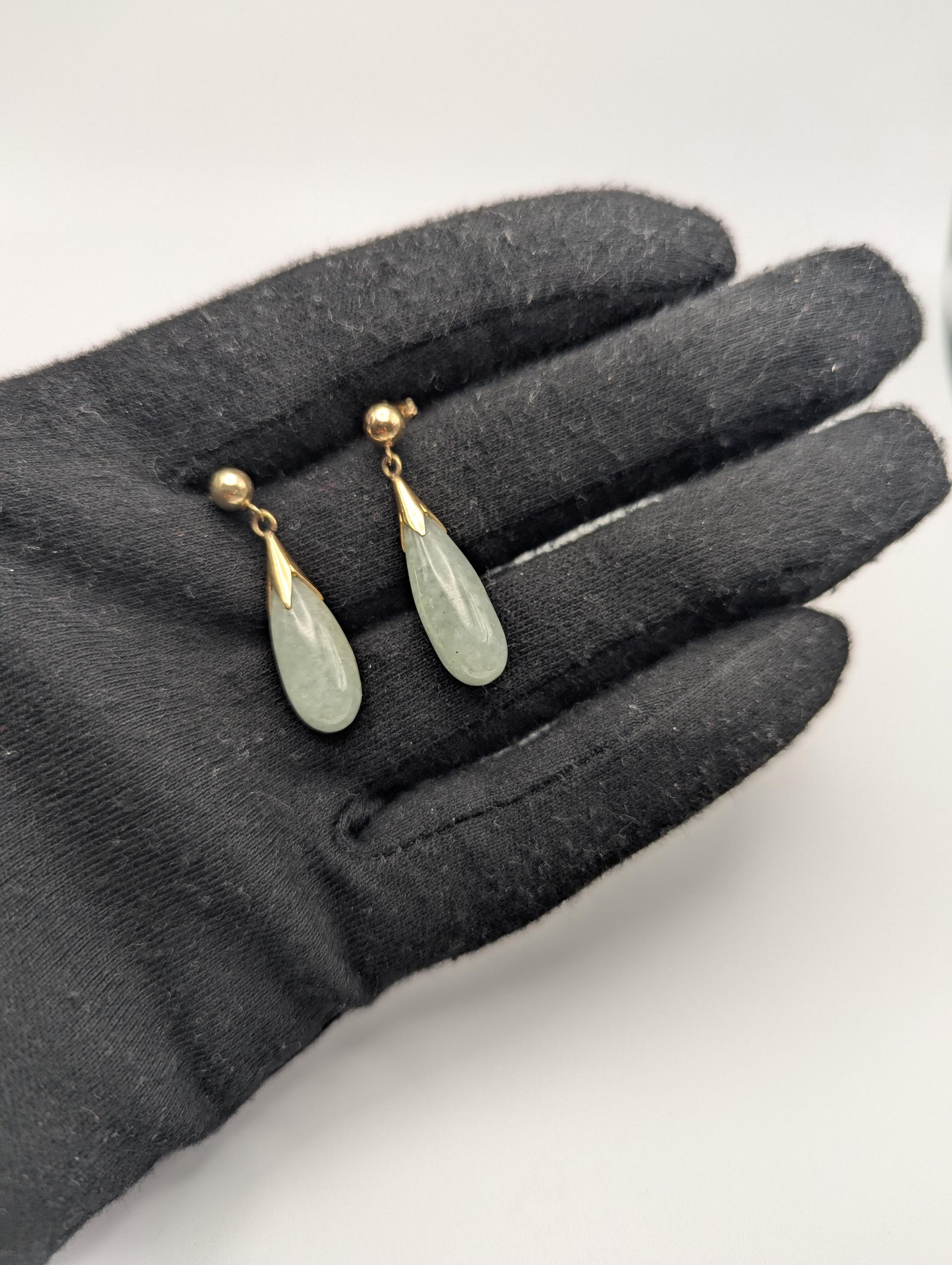 14K Yellow Gold Green Jade Dangle Earrings Jade Drop Earrings.