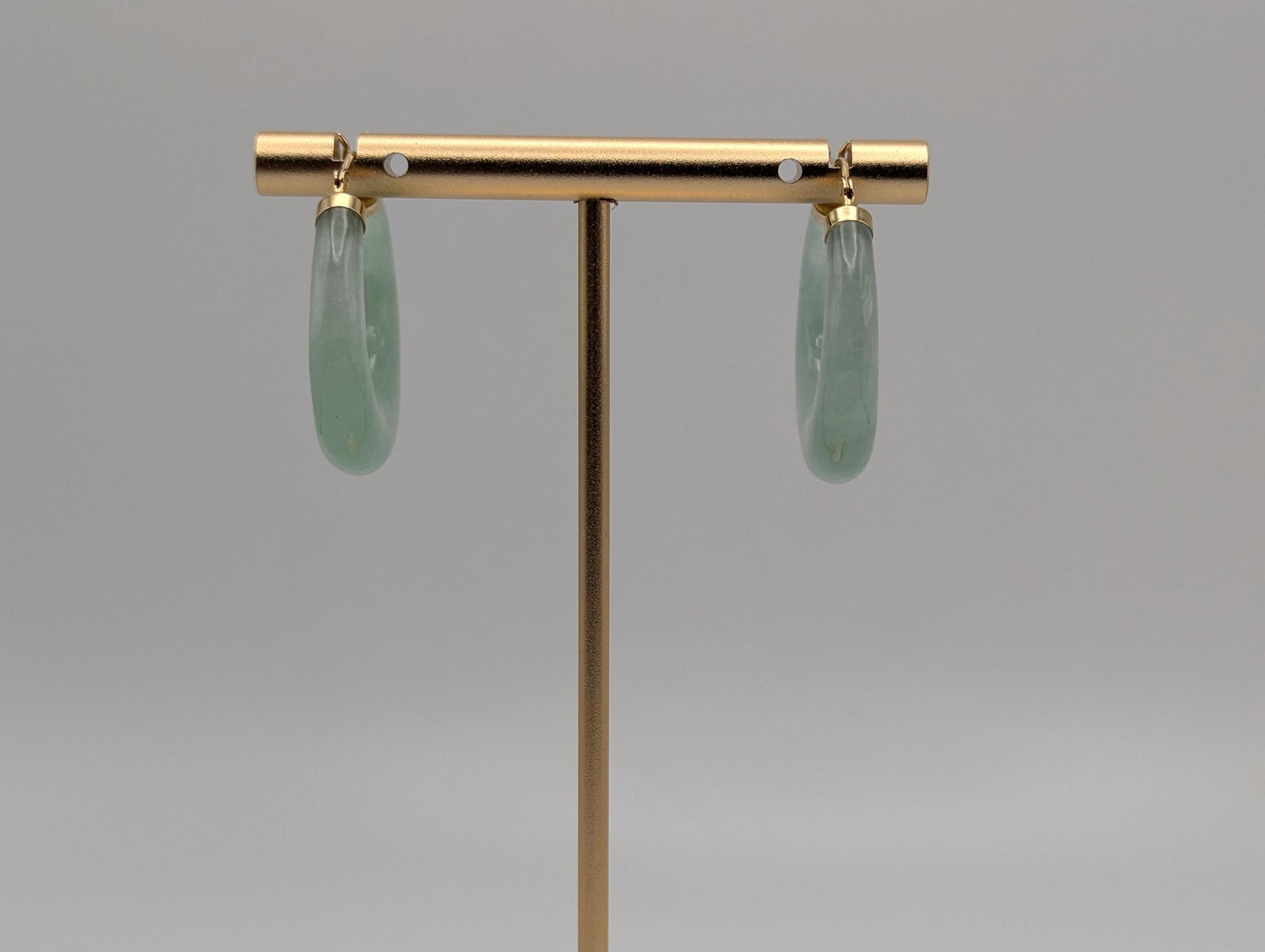 14K Yellow Gold Green Jade Hoop Earrings. Green Hoop Jade Earrings.