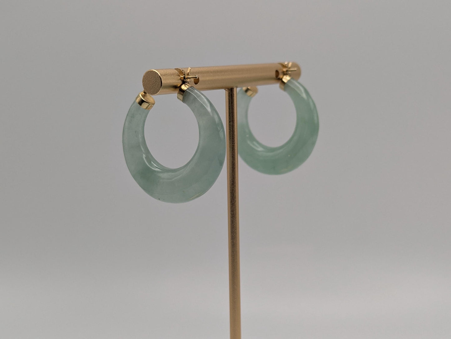14K Yellow Gold Green Jade Hoop Earrings. Green Hoop Jade Earrings.