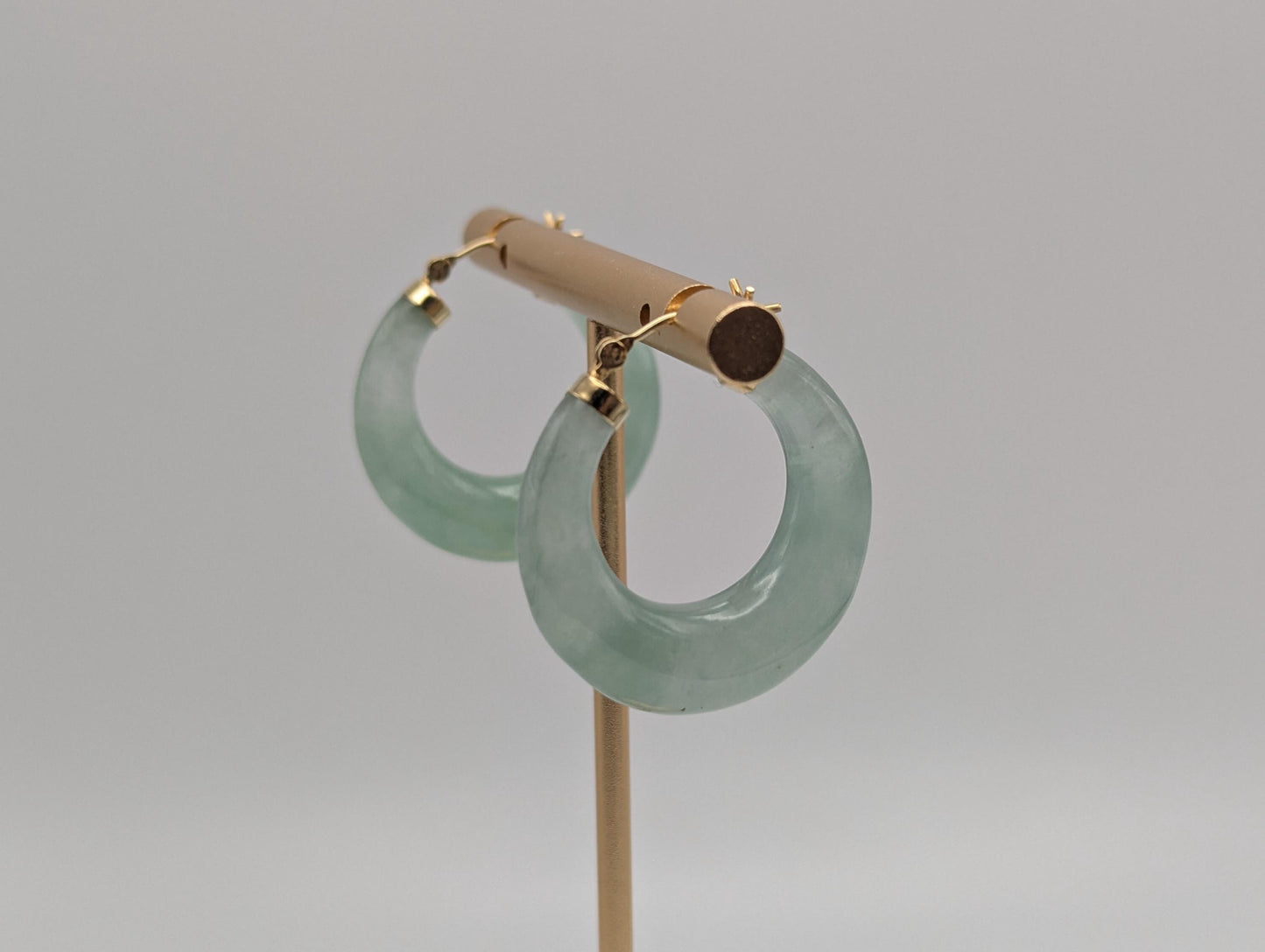 14K Yellow Gold Green Jade Hoop Earrings. Green Hoop Jade Earrings.