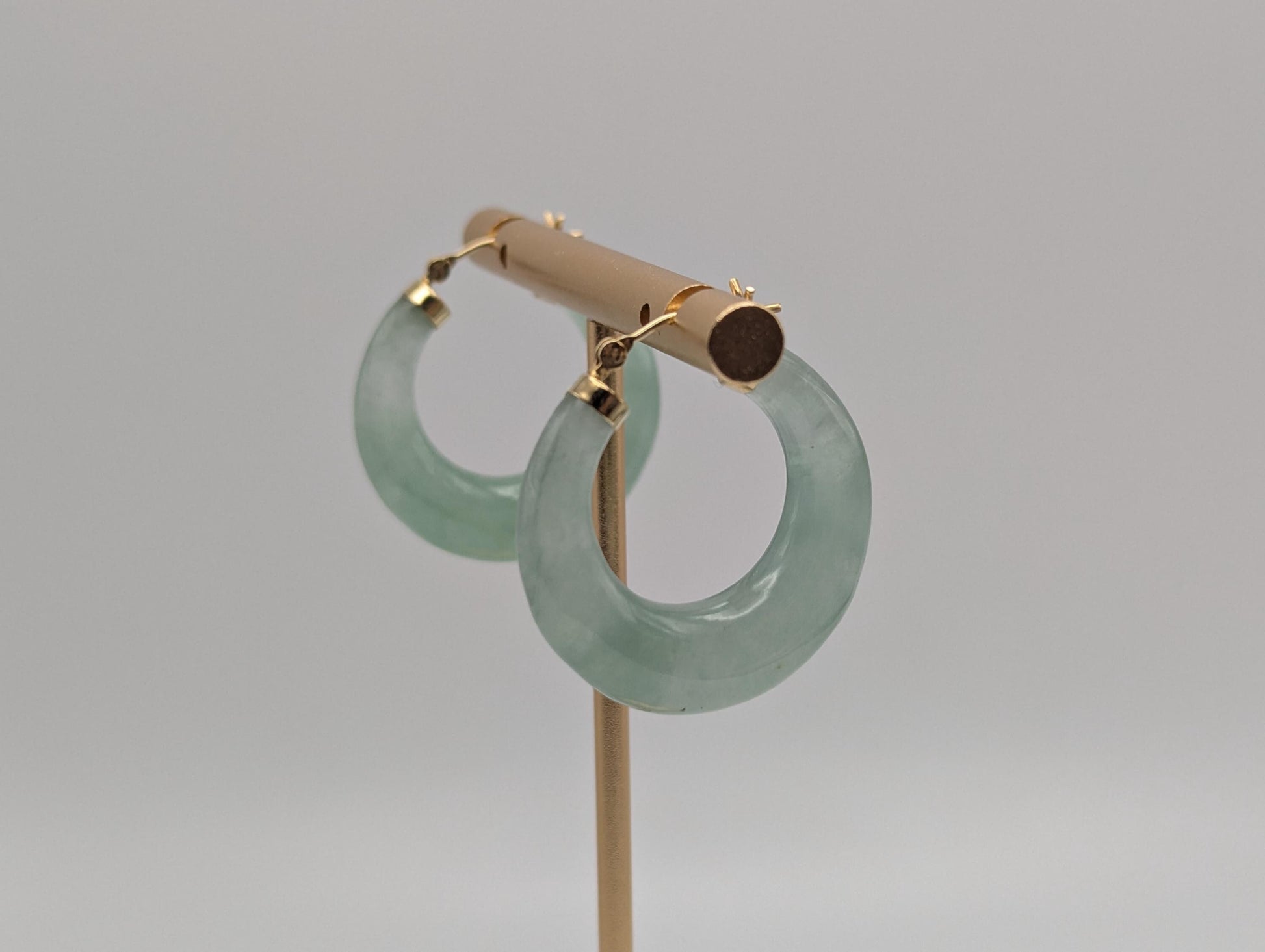14K Yellow Gold Green Jade Hoop Earrings. Green Hoop Jade Earrings.