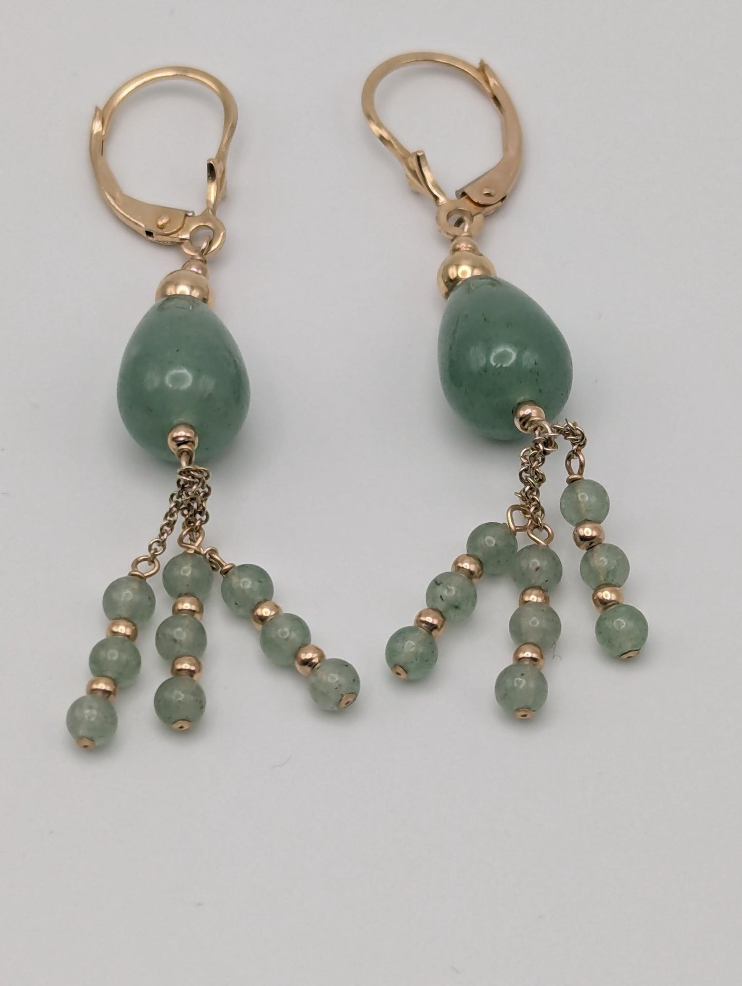 14K Yellow Gold Jade Bead Drop Dangle Earrings Light Green Jade Bead Tear Drop Earrings