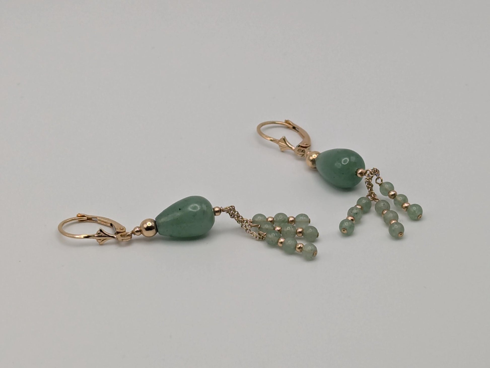 14K Yellow Gold Jade Bead Drop Dangle Earrings Light Green Jade Bead Tear Drop Earrings