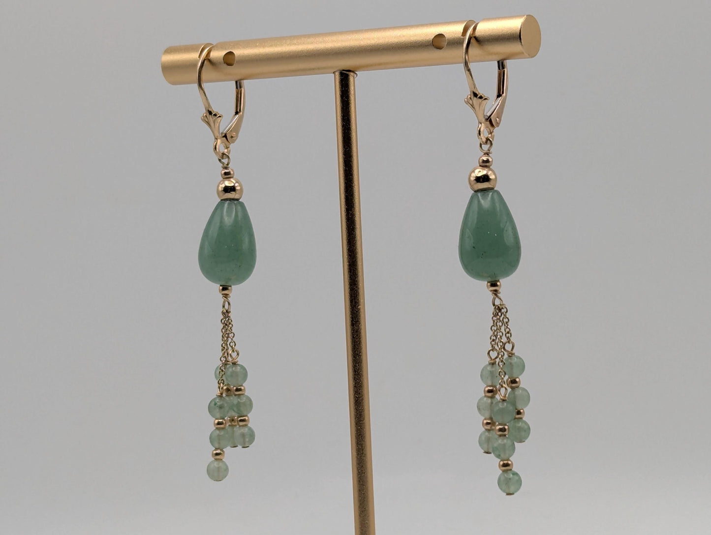 14K Yellow Gold Jade Bead Drop Dangle Earrings Light Green Jade Bead Tear Drop Earrings
