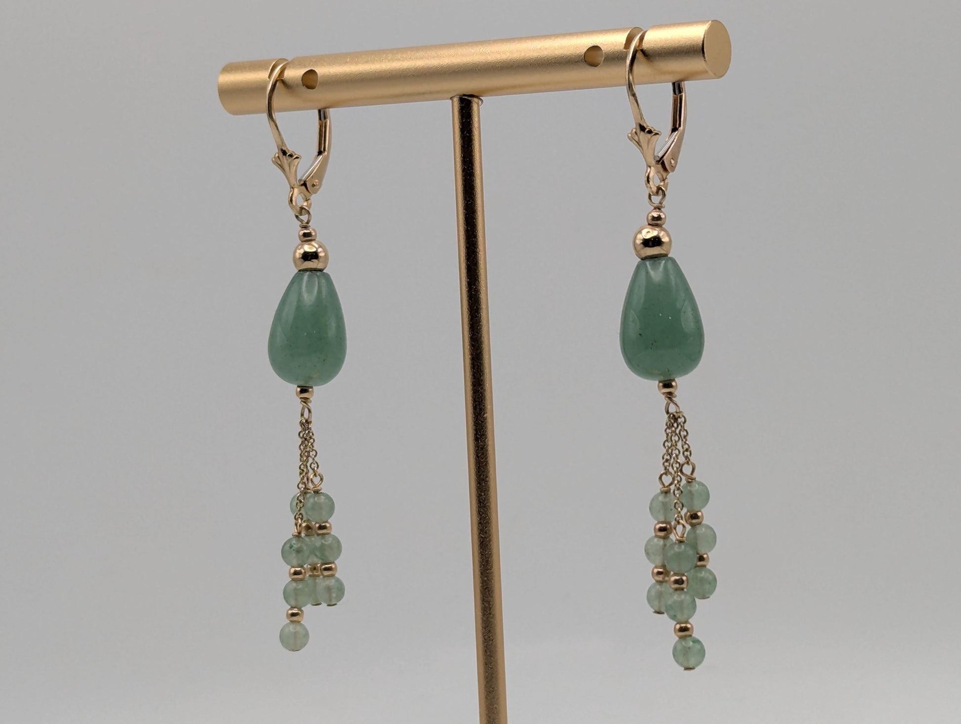 14K Yellow Gold Jade Bead Drop Dangle Earrings Light Green Jade Bead Tear Drop Earrings