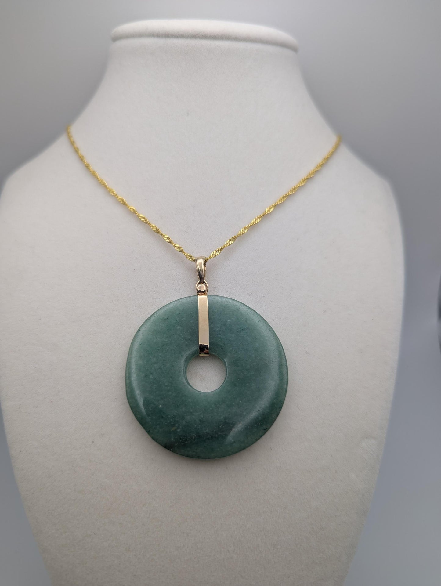 14k Large Jade Pendant Gold Trim Jade Asian Circle Necklace + GF 18k Chain 18"