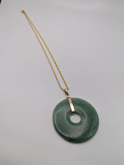 14k Large Jade Pendant Gold Trim Jade Asian Circle Necklace + GF 18k Chain 18"