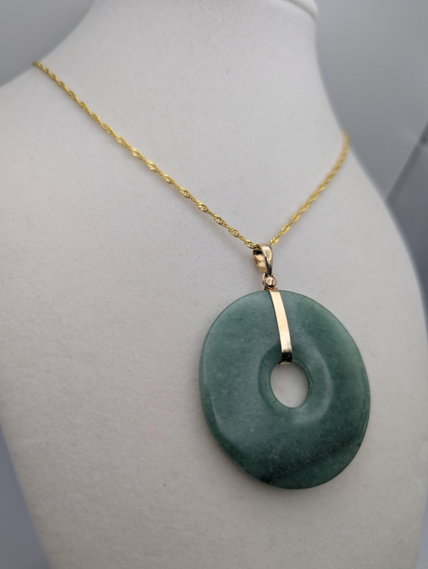 14k Large Jade Pendant Gold Trim Jade Asian Circle Necklace + GF 18k Chain 18"
