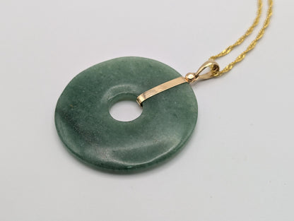 14k Large Jade Pendant Gold Trim Jade Asian Circle Necklace + GF 18k Chain 18"