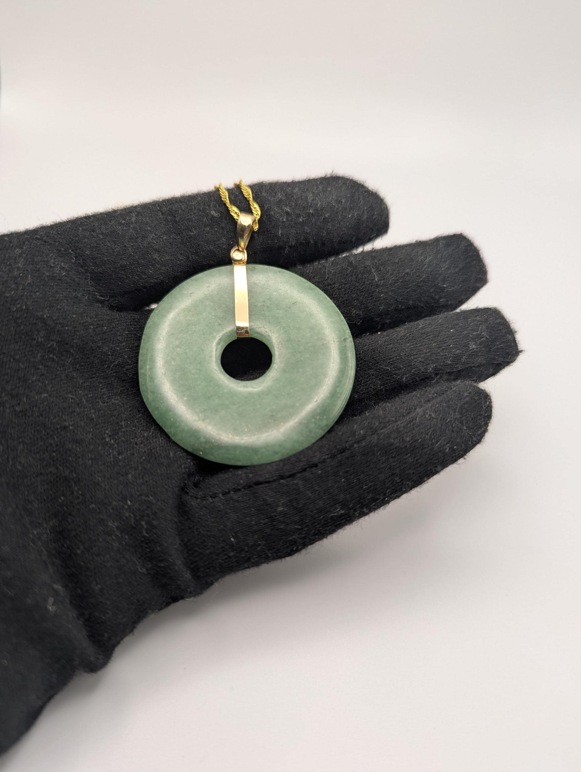 14k Large Jade Pendant Gold Trim Jade Asian Circle Necklace + GF 18k Chain 18"