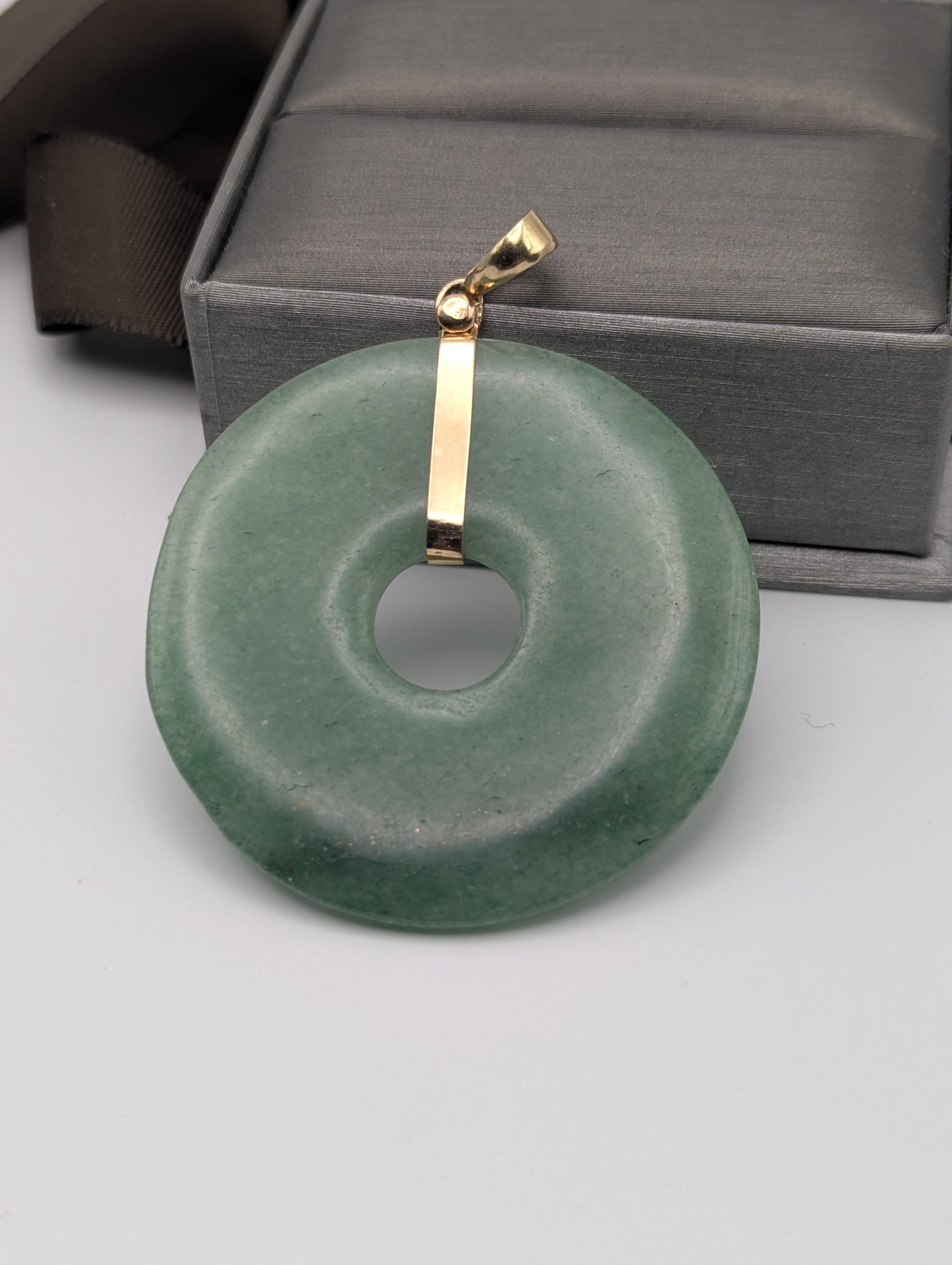 14k Large Jade Pendant Gold Trim Jade Asian Circle Necklace + GF 18k Chain 18"