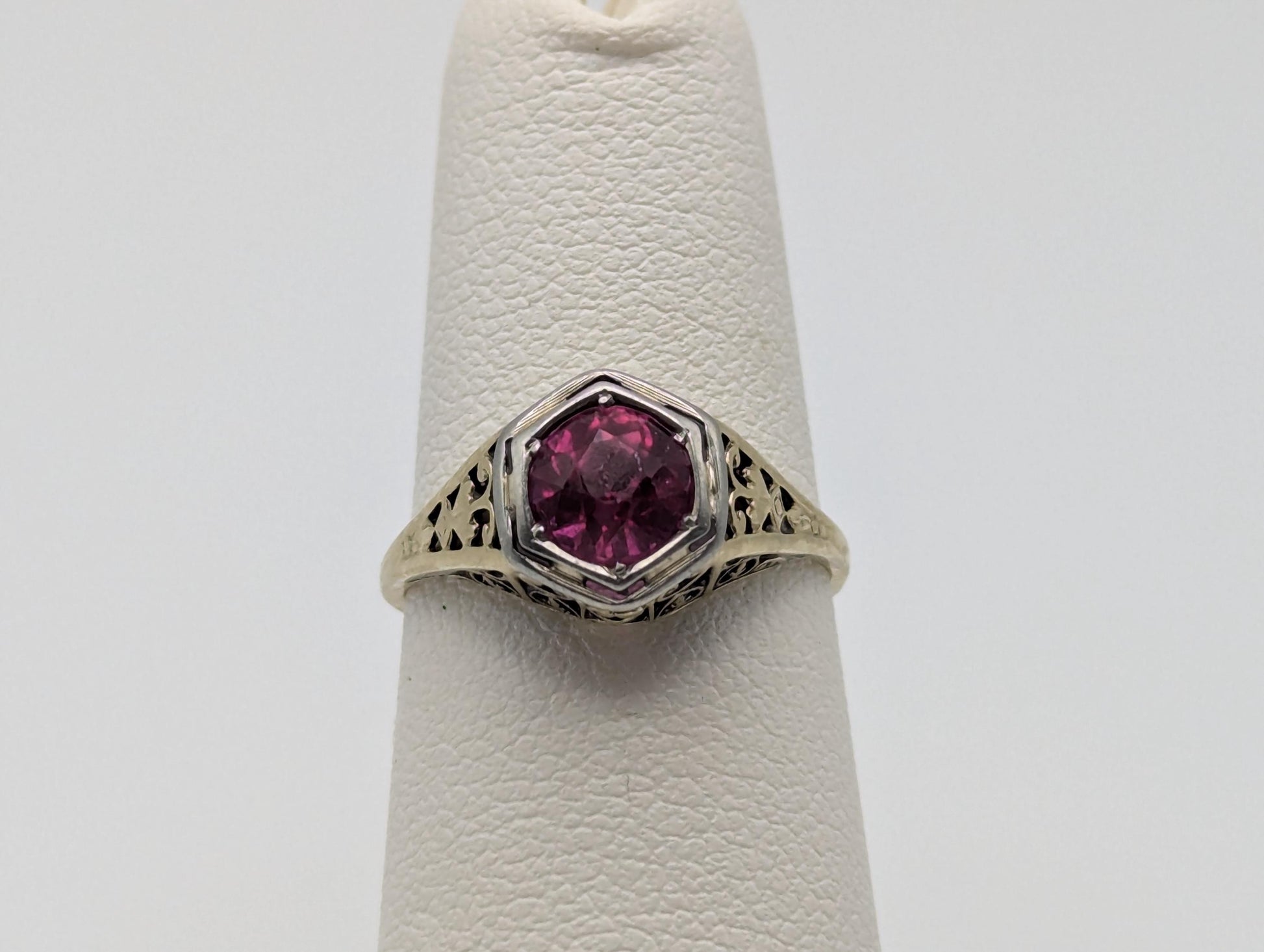 14k White Gold Ruby Filigree Ring Promise Engagement Wedding Band