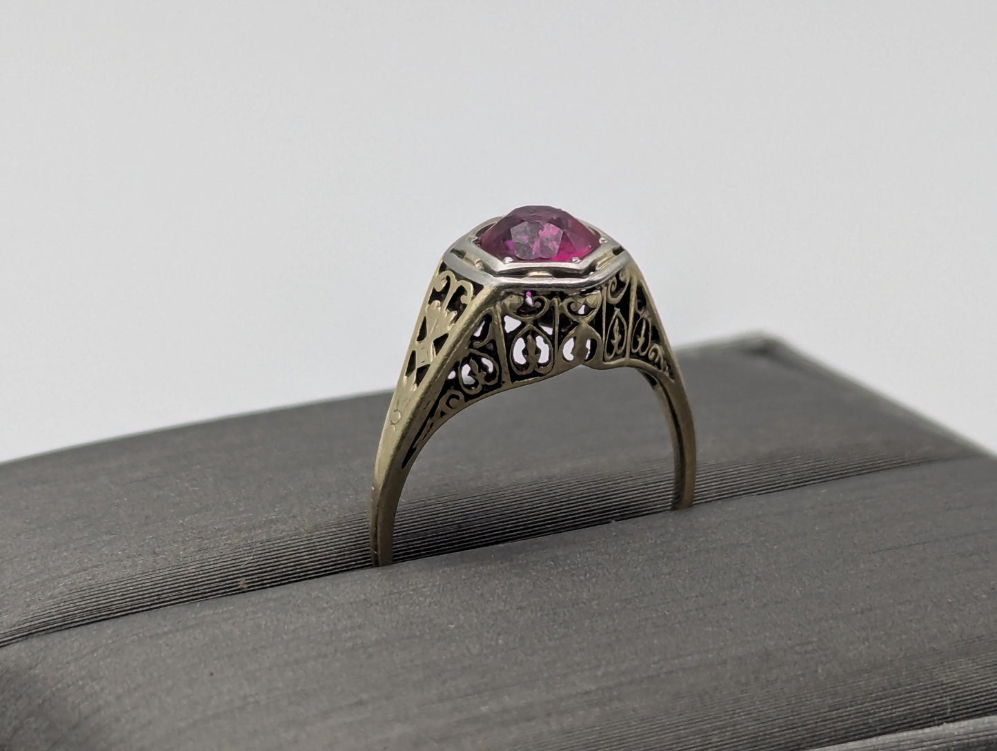 14k White Gold Ruby Filigree Ring Promise Engagement Wedding Band