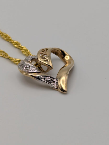 10K Yellow Gold Diamond Heart Love Pendant Necklace 18k GF Complimentary Chain 18"