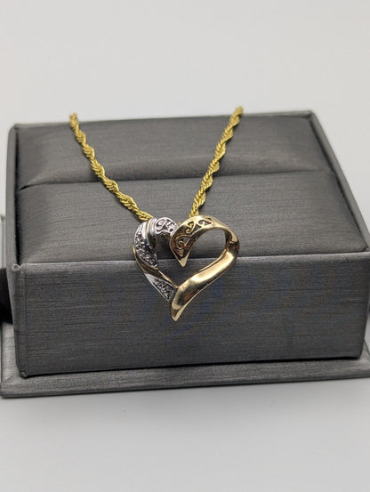 10K Yellow Gold Diamond Heart Love Pendant Necklace 18k GF Complimentary Chain 18"