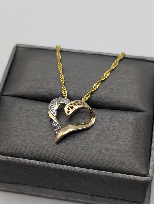 10K Yellow Gold Diamond Heart Love Pendant Necklace 18k GF Complimentary Chain 18"