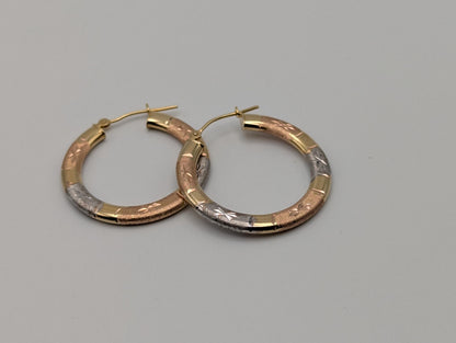 Large 14k Trio Gold Etched Hoop Earrings Rose Gold Multi-Color Hoops