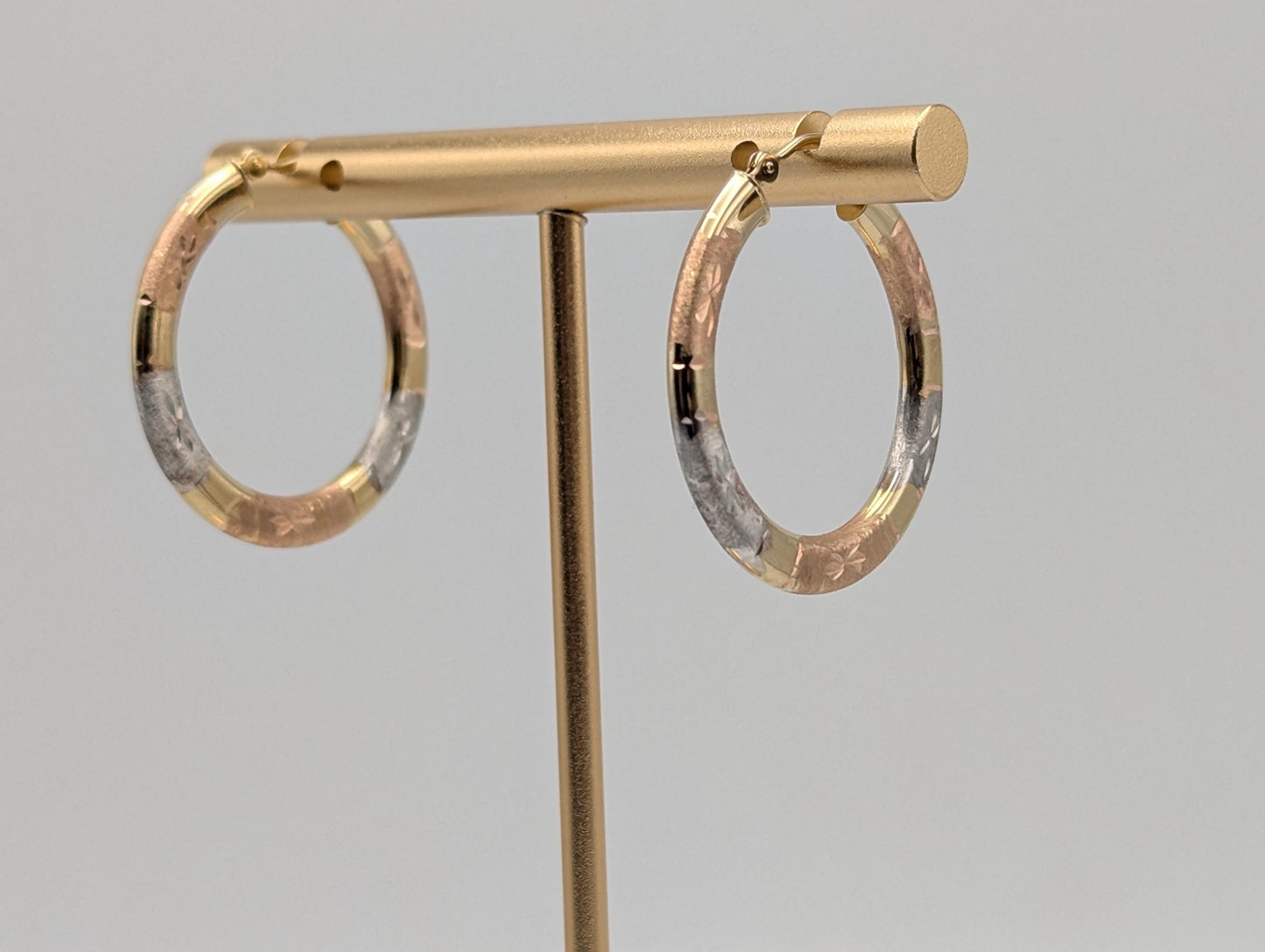 Large 14k Trio Gold Etched Hoop Earrings Rose Gold Multi-Color Hoops