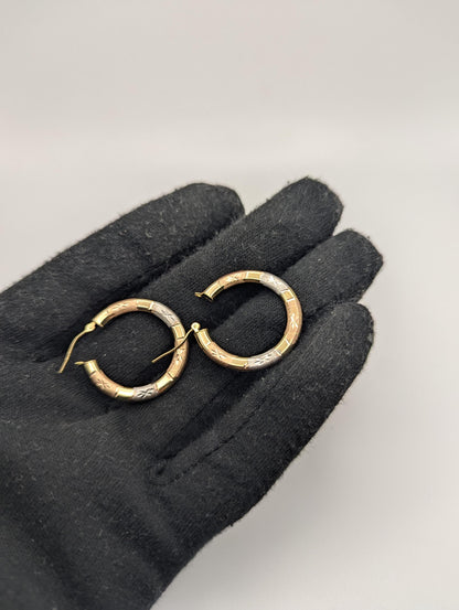 Large 14k Trio Gold Etched Hoop Earrings Rose Gold Multi-Color Hoops